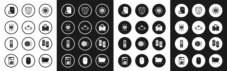 Set Global technology or social network, Virtual reality glasses, Processor, File document, Laptop and gear, Cyber security, Gamepad and Video game console icon. Vector