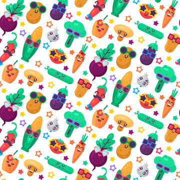 Organic food funny emoji seamless pattern vector