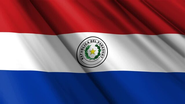 Close up realistic texture textile silk satin flag of Paraguay waving fluttering background. National symbol of the country. 14th of May, Happy Day concept. 3D animation 1080p Full HD
