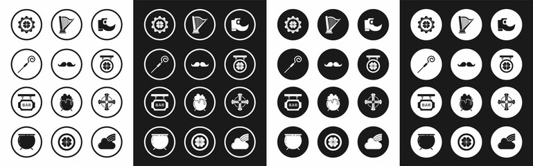 Set Tradition leprechaun boots, Mustache, Walking stick, Bottle cap with four leaf clover, Street signboard, Harp, Celtic cross and inscription Bar icon. Vector