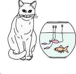  Cat and fish in aquarium, vector illustration 