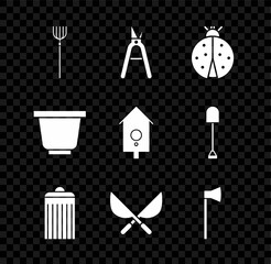 Set Garden pitchfork, Gardening handmade scissors, Ladybug, Trash can, Wooden axe, Flower pot and Retro wall watch icon. Vector