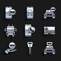 Set Taxi call telephone service, Car key, car, Laptop with location marker, Hand map pointer taxi, Trolleybus, and icon. Vector