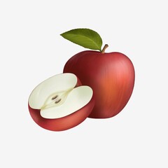 Red apple with apple leaf and slices on a white background.