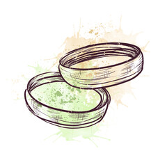 A pair of wedding rings, a vintage watercolor sketch with green, orange splashes and blots. Hand-drawn wedding rings in Provence style. Wedding accessory on a white background