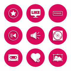 Set Speaker volume, Like and heart, Picture landscape, Vinyl disk, Retro audio cassette tape, Rewind, Power button and Star icon. Vector