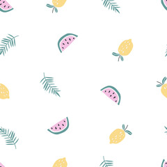 Seamless pattern with watermelon and lemon fruits with tropical leaves on a white background. Vector illustration for printing on fabric, wrapping paper, clothing. Cute baby background.