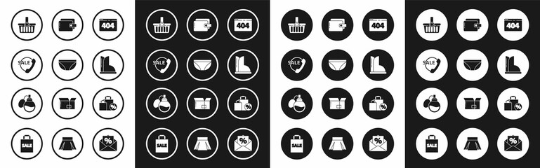 Set Page with a 404 error, Underwear, Telephone 24 hours support, Shopping basket, Waterproof rubber boot, Wallet, Shoping bag discount and Perfume icon. Vector