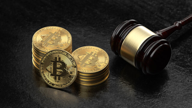 Bitcoin Cryptocurrency Law. Digital Bit Coin BTC Currency Technology Business Internet Concept. 3d Render illustration