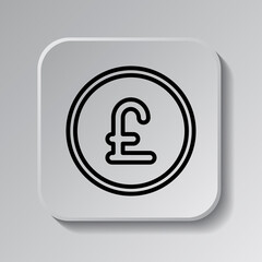 Pound coin simple icon vector. Flat design. Black icon on square button with shadow. Grey background.ai