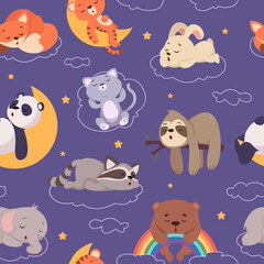 Sleeping animals pattern. Wild funny night animals in relaxes poses exact vector seamless cartoon background asleep characters