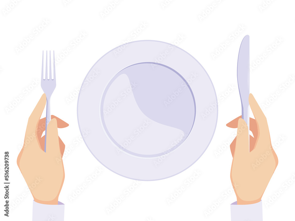 Sticker Hands with plate. Restaurant background person holding knife and fork kitchenware hungry person dinerman garish vector cartoon background