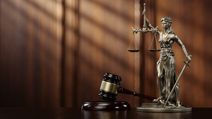 Fototapeta na wymiar Law Legal System Justice Crime and violence concept. Themis and Gavel. 3d Render illustration