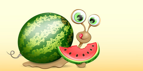 Funny cartoon snail with watermelon shell and watermelon slice, licking lips. 