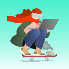 Girl on skateboard with laptop in working time with coffee art cartoon