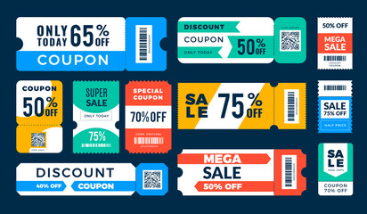 Coupon discount. Retail ads banners with price drop stickers barcode templates recent vector illustrations set