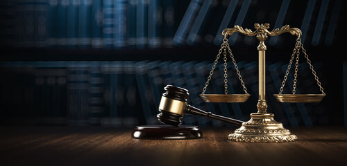 Law Legal System Justice Crime concept. Mallet Gavel Hammer and Scales on table. 3d Render illustration - obrazy, fototapety, plakaty