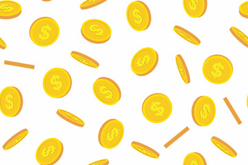 Falling coins repeat seamless pattern. Gold coin of dollar. Flat, isolated