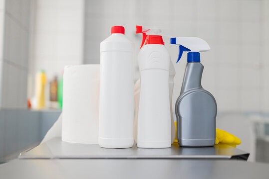 washing disinfectants for cleaning in bottles in the bathroom