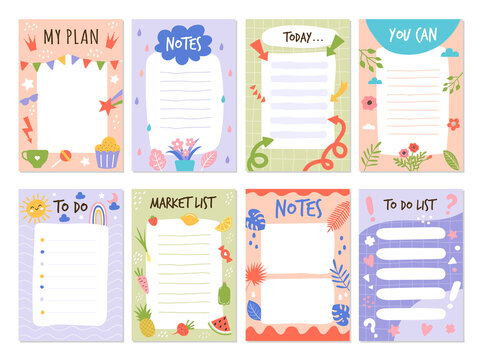 Planner list. To do organized checklist template with place for text educational month stickers schedule elements recent vector collection set