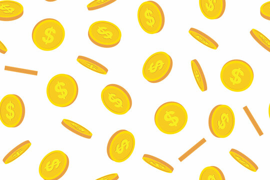 Falling coins repeat seamless pattern. Gold coin of dollar. Flat, isolated