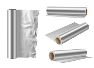 Aluminium foil. Metallic paper for cooking preparing product decent vector silver rolls realistic templates - obrazy, fototapety, plakaty