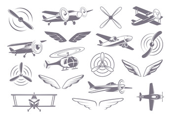 Avia badges. Propellers wings airplanes helicopters stylized symbols for travel company exact vector templates
