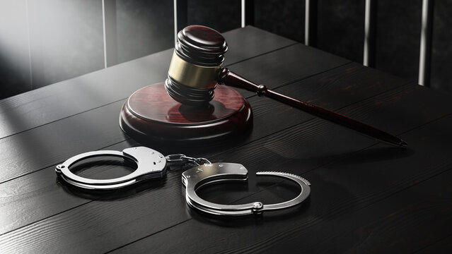 Law Legal System Justice Crime concept. Mallet Gavel Hammer and Handcuffs on black background. 3d Render illustration