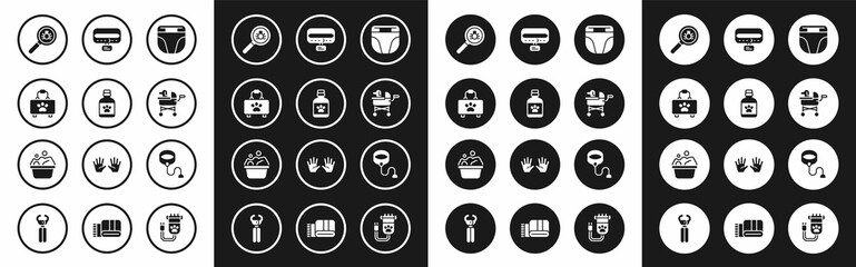 Set Diaper for dog, Dog medicine bottle, Pet first aid kit, Flea search, stroller, Collar with name tag, Retractable cord leash and Pets bath icon. Vector