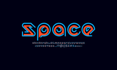 Digital space font, rounded bright alphabet, letters and numbers made with a shift of parts or pieces