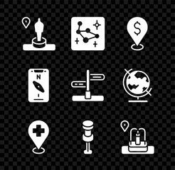 Set Location and monument, Great Bear constellation, Cash location, Medical with cross, Push pin, fountain, Compass mobile and Road traffic sign icon. Vector
