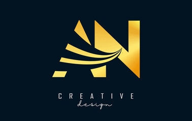 Creative golden letters AN A N logo with leading lines and road concept design. Letters with geometric design.