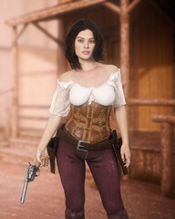 Portrait of an attractive dark haired young woman posing with a revolver in her hand wearing wild west outift in an old western street. 3D rendering.