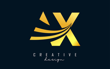 Creative golden letters AX A X logo with leading lines and road concept design. Letters with geometric design.