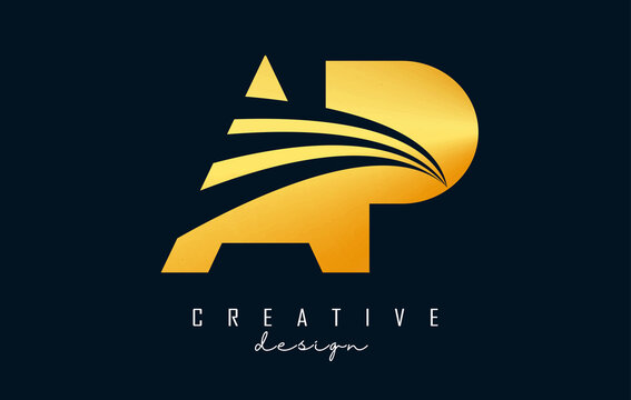 Creative golden letters Ap A p logo with leading lines and road concept design. Letters with geometric design.