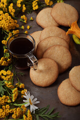 Still life. Toning. Homemade cookies, wildflowers, coffee