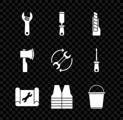 Set Adjustable wrench, Rasp metal file, Stationery knife, Graphing paper and, Safety vest, Bucket, Wooden axe and Wrench arrows workflow icon. Vector