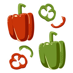 Red and green sweet peppers in a hand-drawn style. Garden vegetables for salad and diet. Vector illustration on a white background