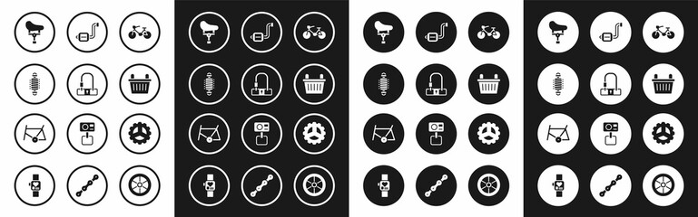 Set Bicycle, lock, suspension, seat, basket, pedal, sprocket crank and frame icon. Vector