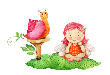 Watercolor cute woodland fairy illustration. Summer kids party decor. Forest magic fairytale clipart isolated on white background. Cartoon fairy character. Greeting, card, postcard, banner, poster