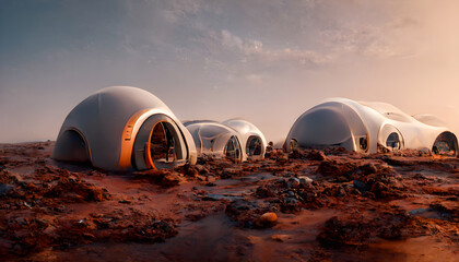 Mars Kolonie mit einer Station im roten Sand - obrazy, fototapety, plakaty