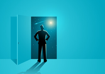 Man looking through the open door to see the vastness of outer space