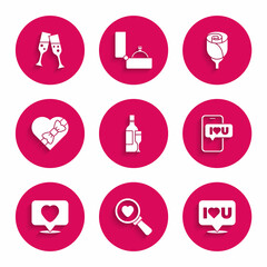 Set Champagne bottle, Search heart and love, Speech bubble with I you, Mobile, Like, Candy in shaped box, Flower rose and Glass of champagne icon. Vector