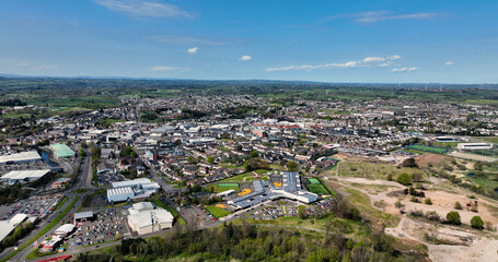 Fototapeta premium Aerial photo overlooking Industrial and Residential homes in Ballymena Town Co Antrim Northern Ireland