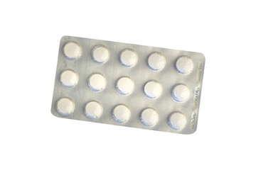 Blister with bright pills isolated on white, top view