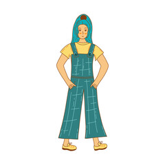Beautiful stylish girl with blue long hair is walking in overalls. Fashionable and comfortable clothes. Hair is tied into a high ponytail on her head. Colorful vector isolated illustration hand drawn