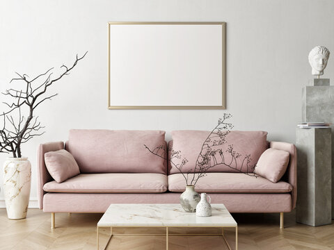 Interior poster mock up with metal frames, pink sofa, in living room with white wall. 3D rendering, 3D illustration.