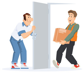 Man meets courier with parcel. Illustration for internet and mobile website.