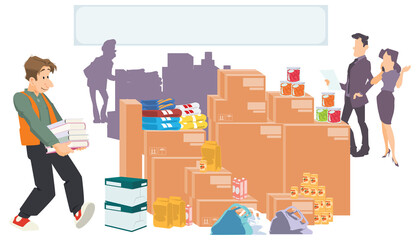 People collect humanitarian aid. Illustration for internet and mobile website.