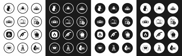 Set Metallic pipes and valve, Oil tank storage, petrol test tube, Canister for motor oil, and Fire flame icon. Vector